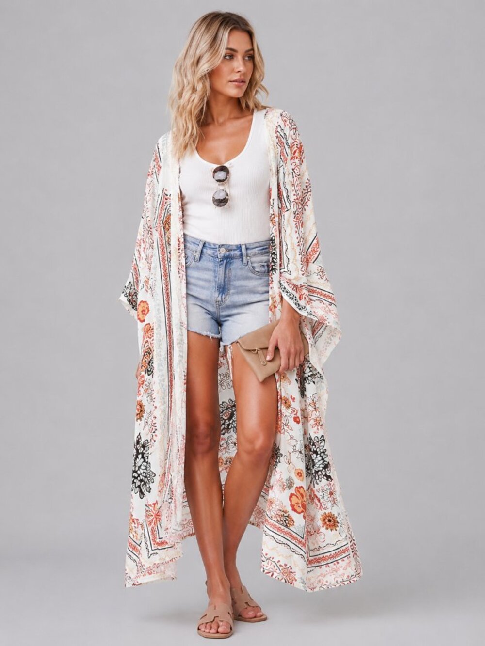 Women’s Floral Boho Kimono Cover Up Long Chiffon Beach Cardigan Vacation Wrap
